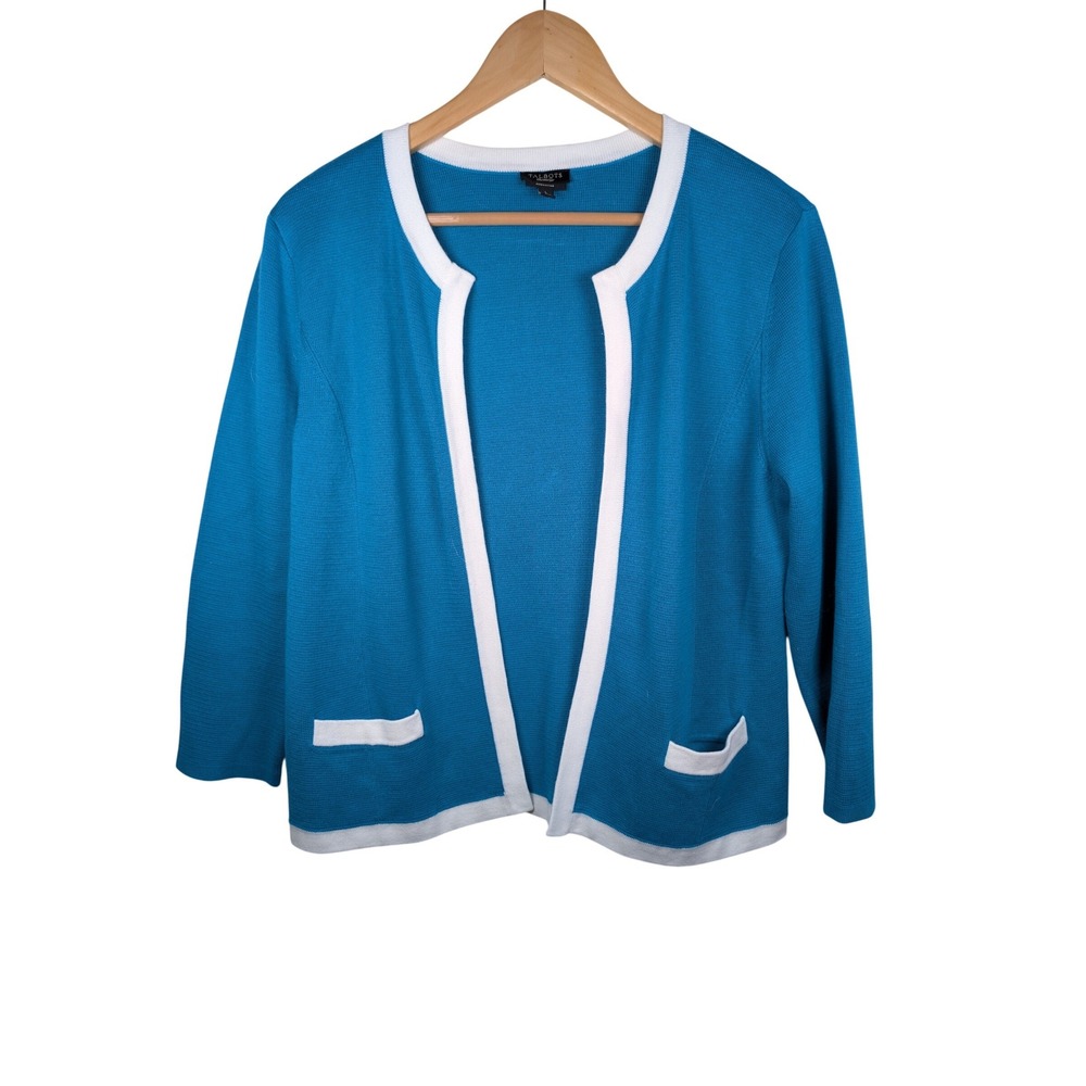 Talbots Womens Teal Blue White Trim Open Front Knit Cardigan Sweater Size L